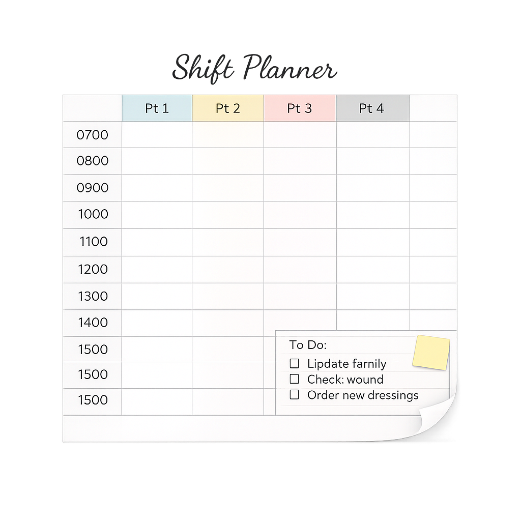 Shift planner with a schedule from 7:00 am to 3:00 pm, divided into four columns labeled Pt 1 to Pt 4, and a to-do list with tasks like updating a family, checking a wound, and ordering new dressings. The top has a decorative script saying "Shift Planner."