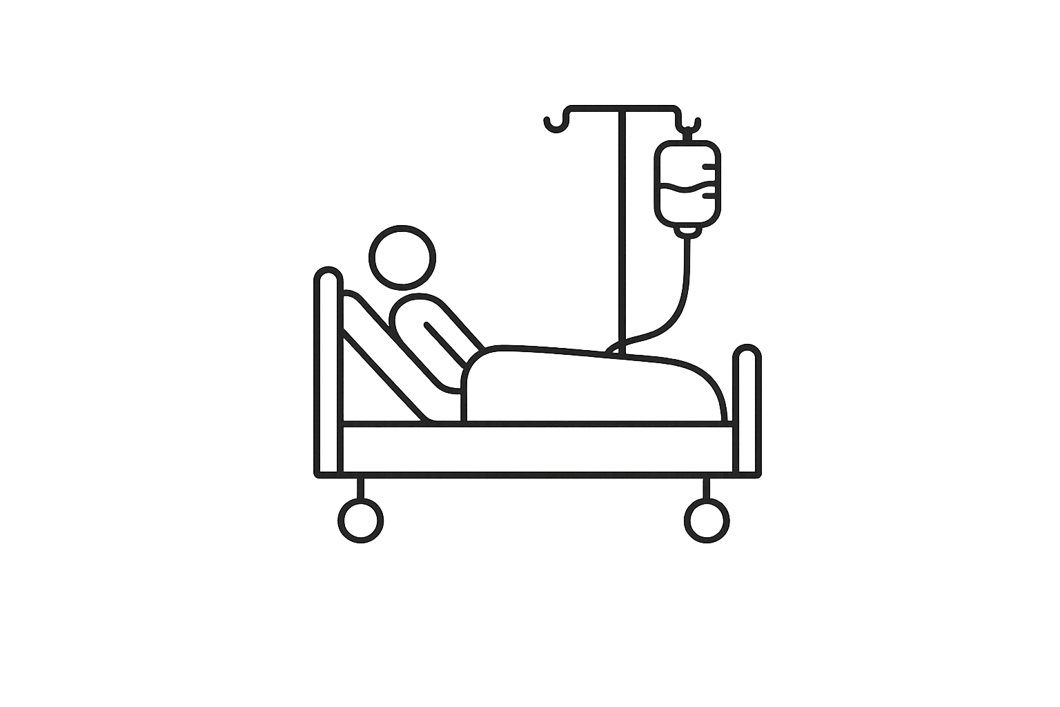 Line drawing of a person lying in a hospital bed with an IV drip attached.