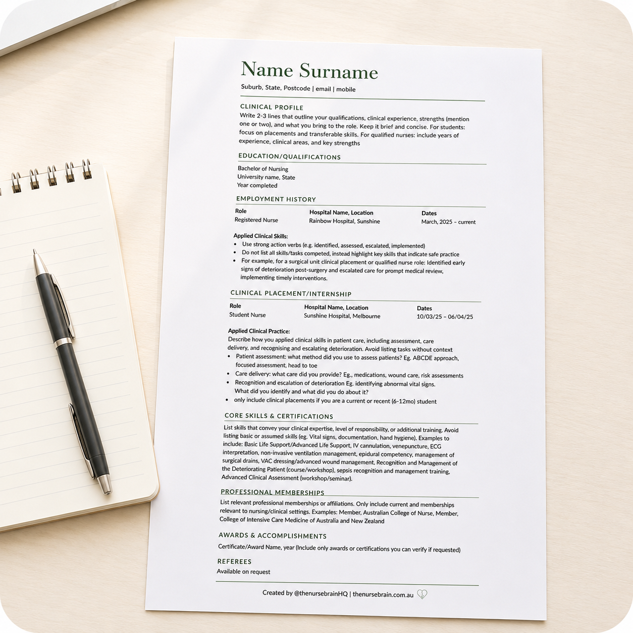 A resume on a light-colored desk, with a notepad and pen on the left side. The resume includes sections on clinical profile, education, employment history, skills, certifications, awards, references, and professional memberships.