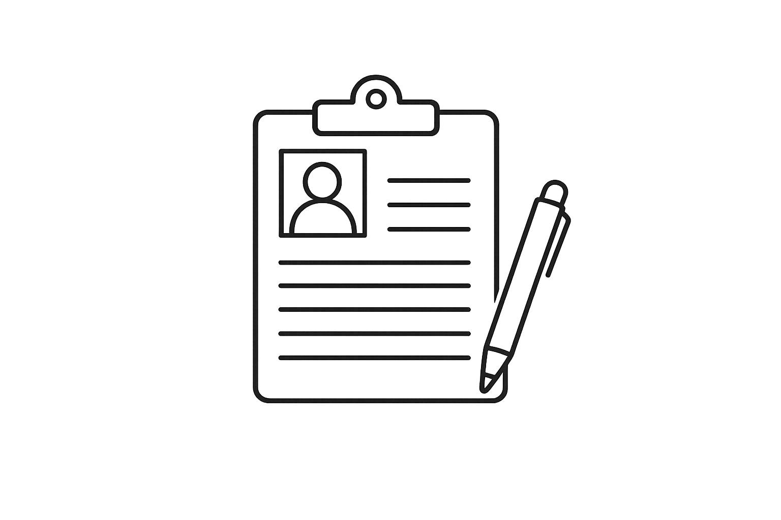 Outline drawing of a clipboard with a person's photo and text lines, accompanied by a pen.