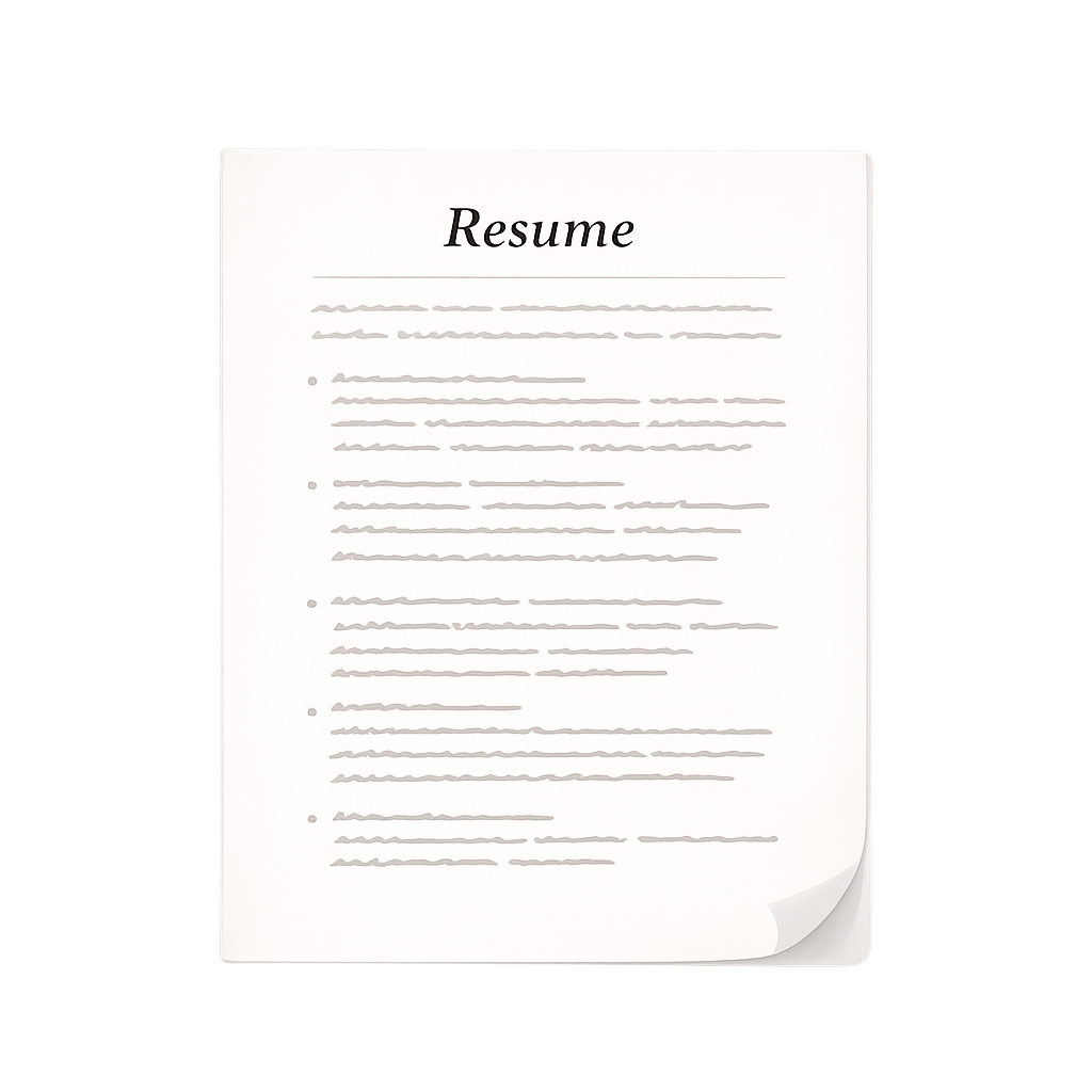 A resume document with the word 'Resume' at the top, featuring text lines and bullet points, and a curled page corner at the bottom right.
