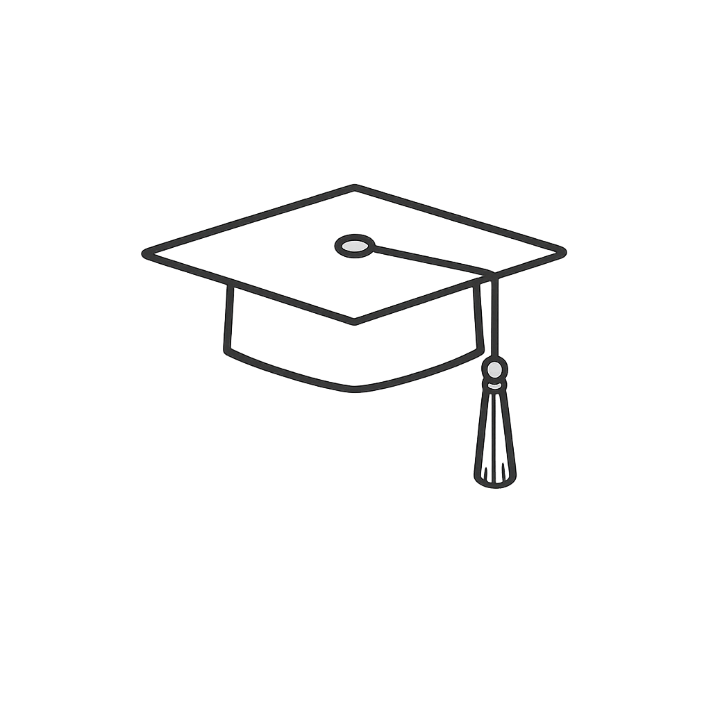 Black outline drawing of a graduation cap with a tassel.