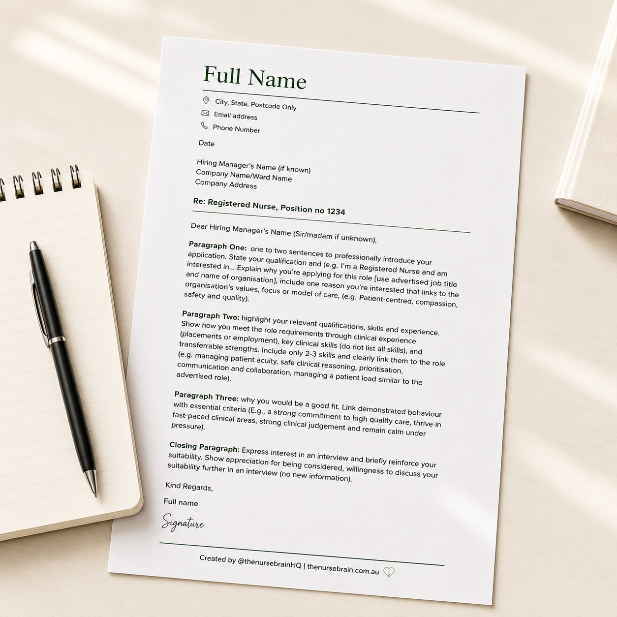 A cover letter on a white desk with a pen, a notebook, and a closed book. The cover letter is for a nurse position, detailing qualifications, skills, and key applicant attributes.