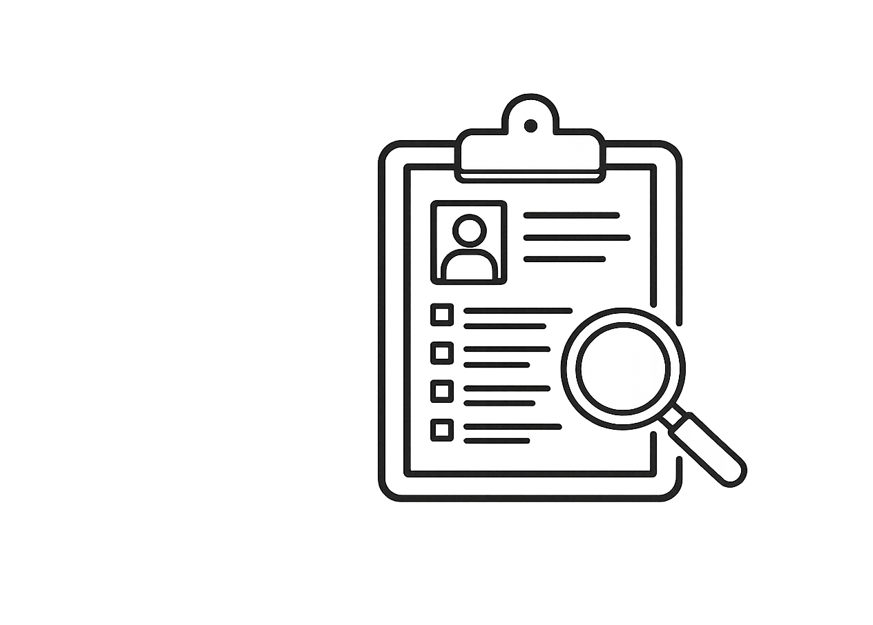Illustration of a clipboard with a profile picture, checklist, and a magnifying glass.