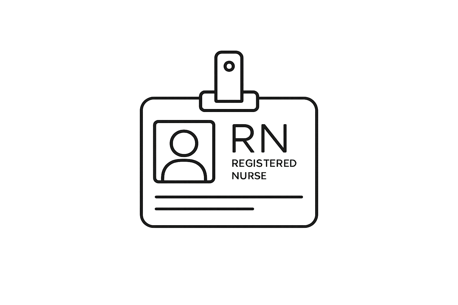 ID badge for a registered nurse with a black outline, a user icon, the letters 'RN', and the words 'Registered Nurse' on a dark background with colorful light streaks.