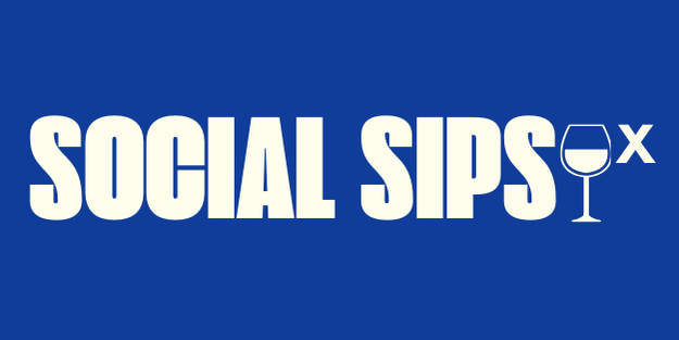Logo for 'Social Sips', featuring bold white text on a blue background, with a stylized wine glass replacing the letter 'I' in 'Sips'.