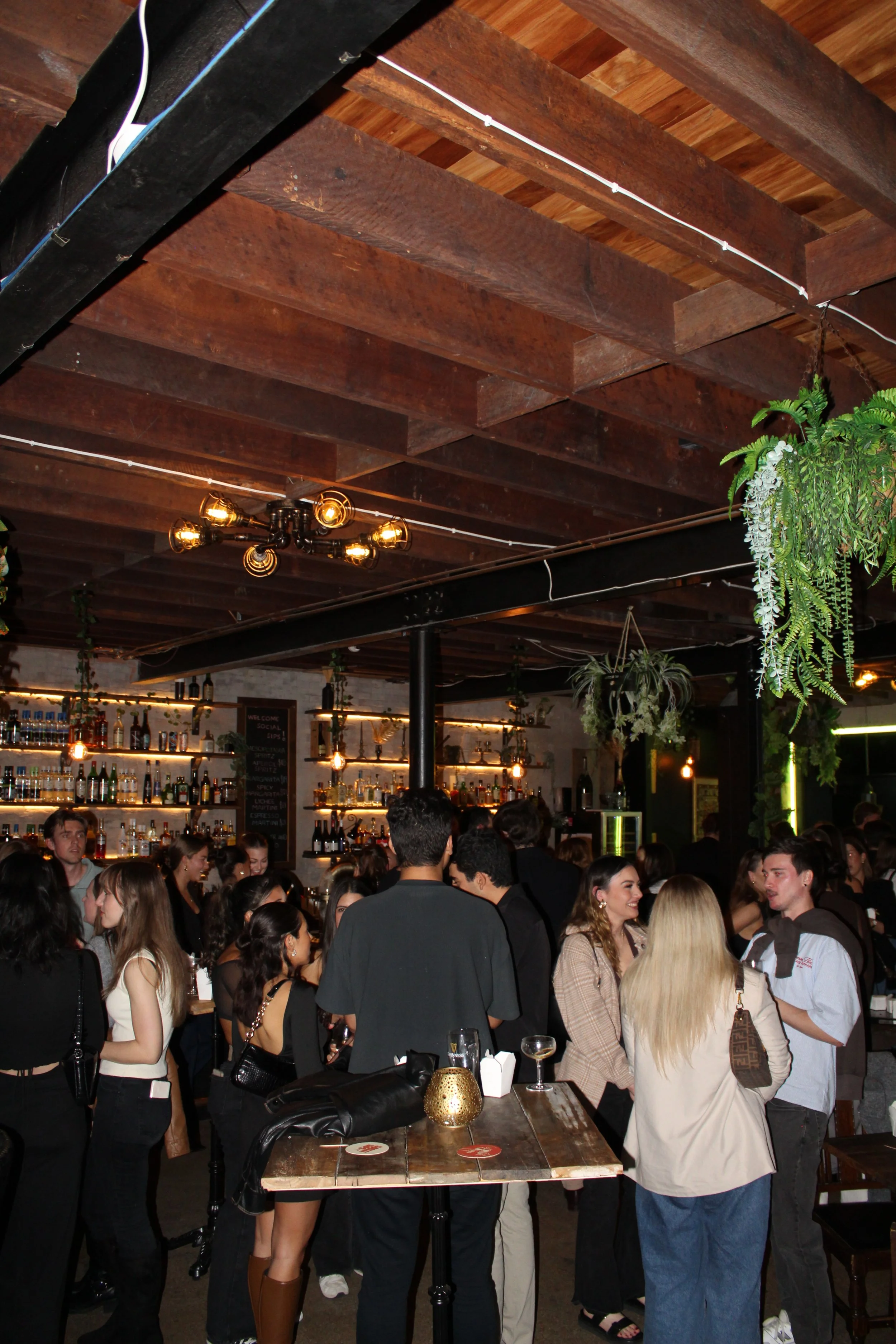 Crowd of people socializing in a bar with wooden ceiling, hanging plants, and shelves of liquor bottles.