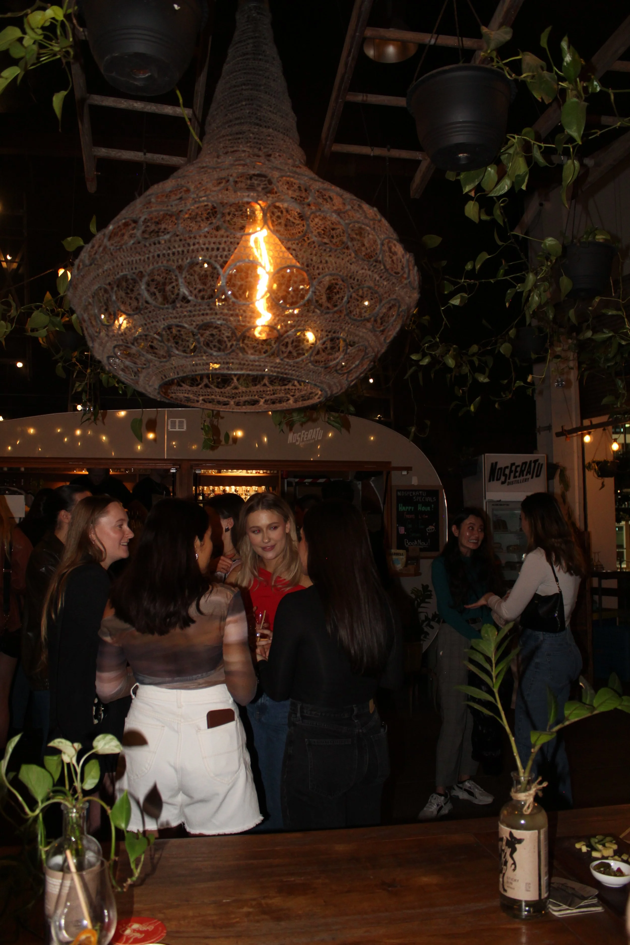 Group of women socializing in a dimly lit bar or restaurant, with a large woven pendant light overhead and greenery hanging from the ceiling.