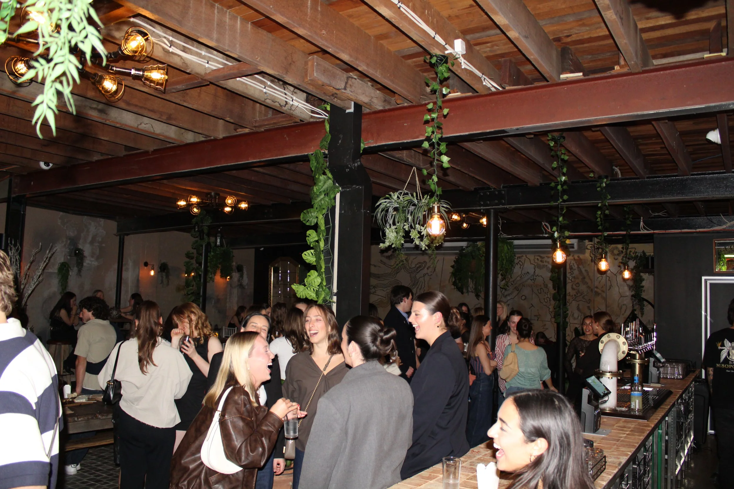 People socializing and laughing in a dimly lit bar or lounge with wooden ceiling beams, hanging plants, and warm lighting.
