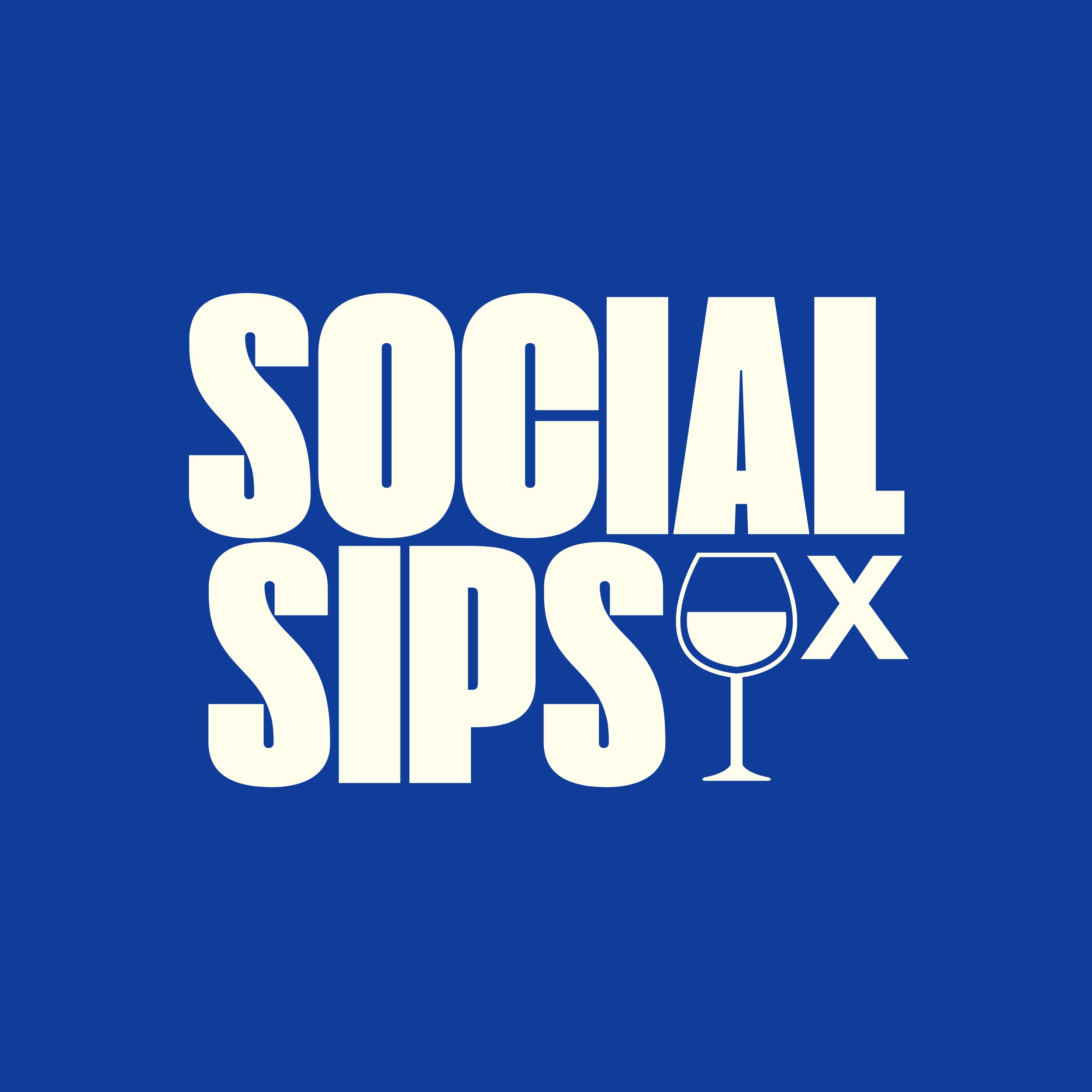 Logo for Social Sip featuring bold white text on a blue background with an illustration of a wine glass.