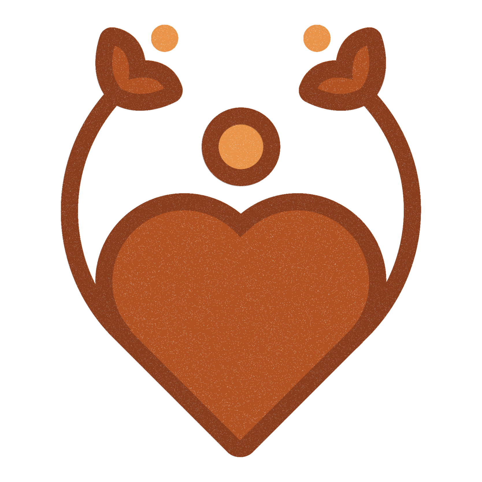 A stylized illustration of a heart with a smaller heart inside it and two abstract hands forming a circular shape above, with a dot in the center, all in shades of brown and orange.