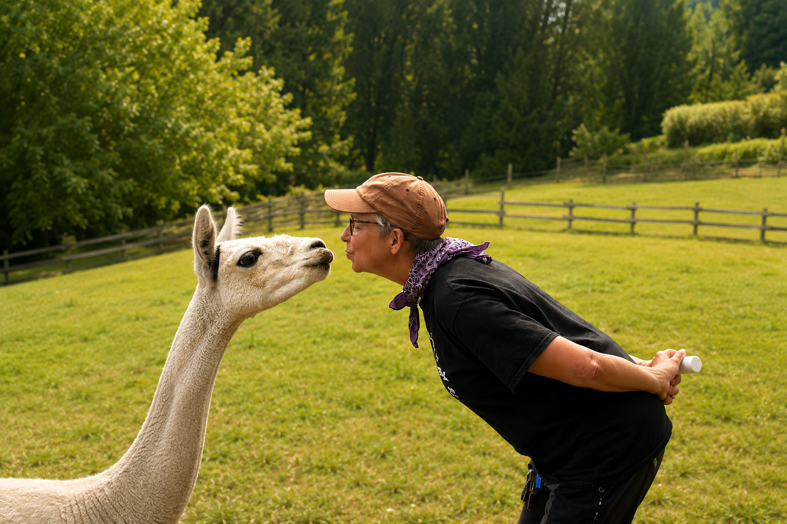Leia Ray connecting with an alpaca on her Washington farm, where she practices Soul-Level Animal Communication with animals of all species.