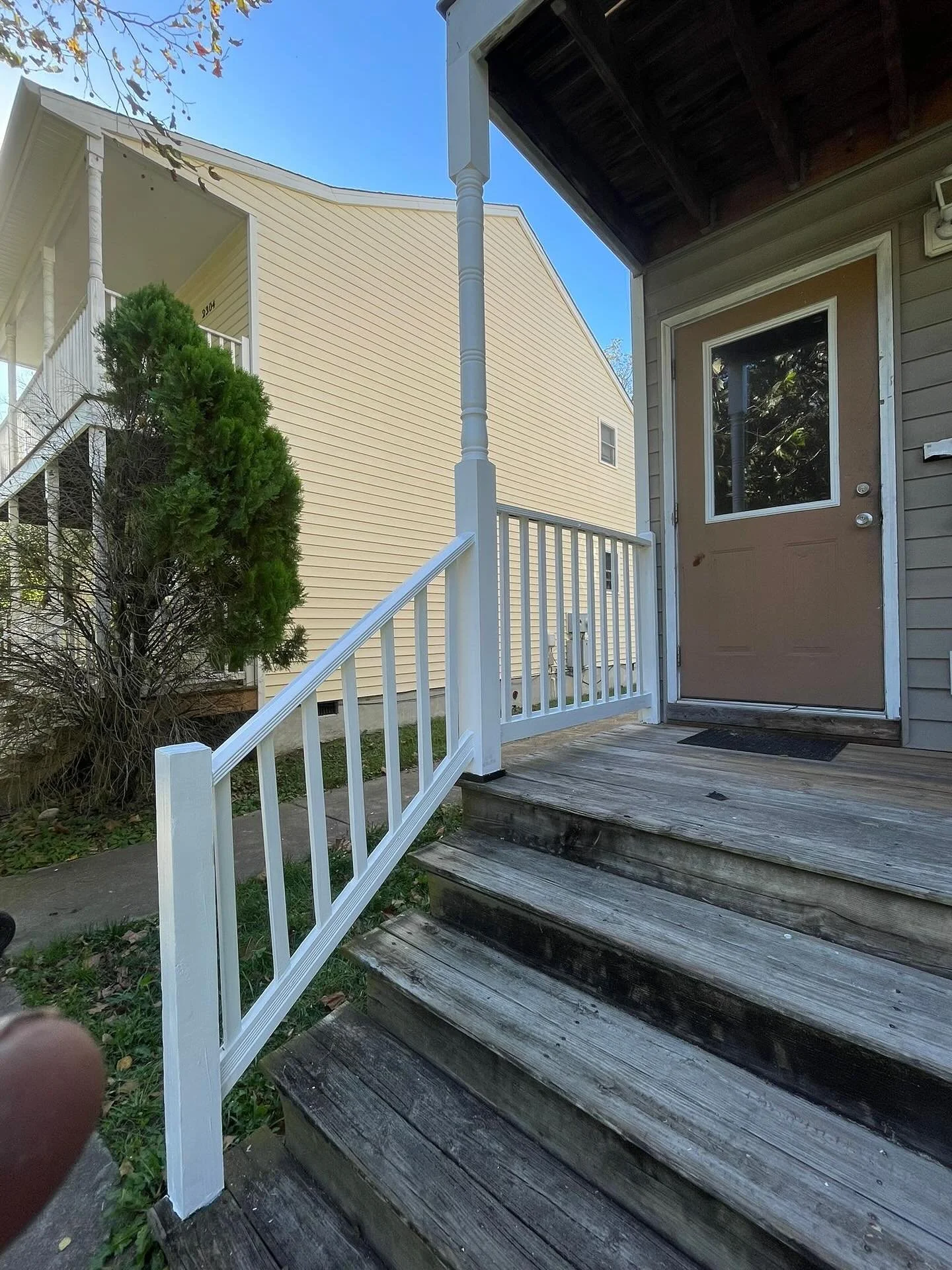 The upstairs porch was on a gangster lean because of a rotted column.  Had to cut it out and replace it because it was no good .  You could walk on your upstairs porch again, lady lol