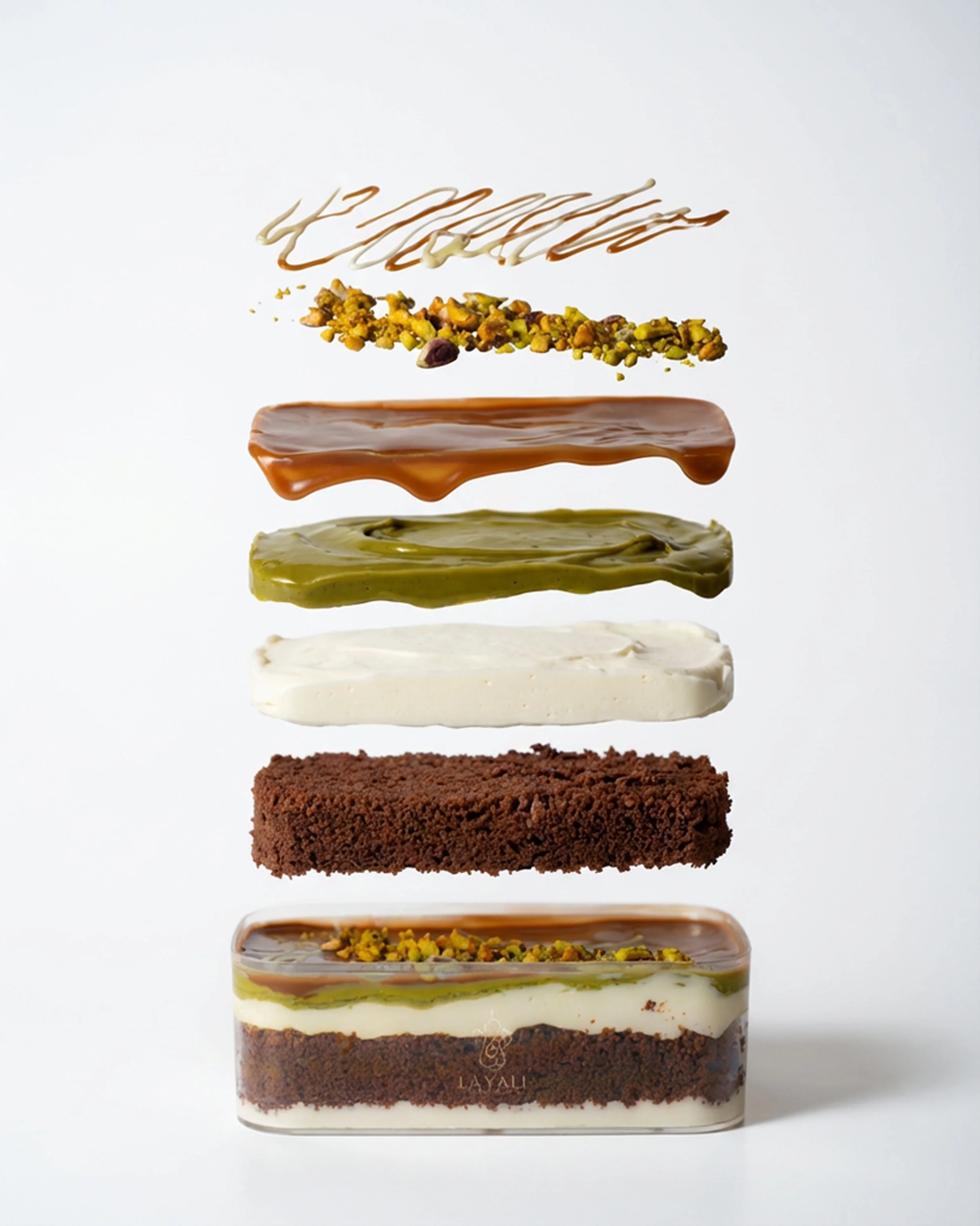 Multiple layers of assorted desserts suspended in mid-air, including a chocolate cake base, white cream, green pistachio topping, caramel, white and dark chocolate, chopped nuts, and decorative chocolate drizzle.
