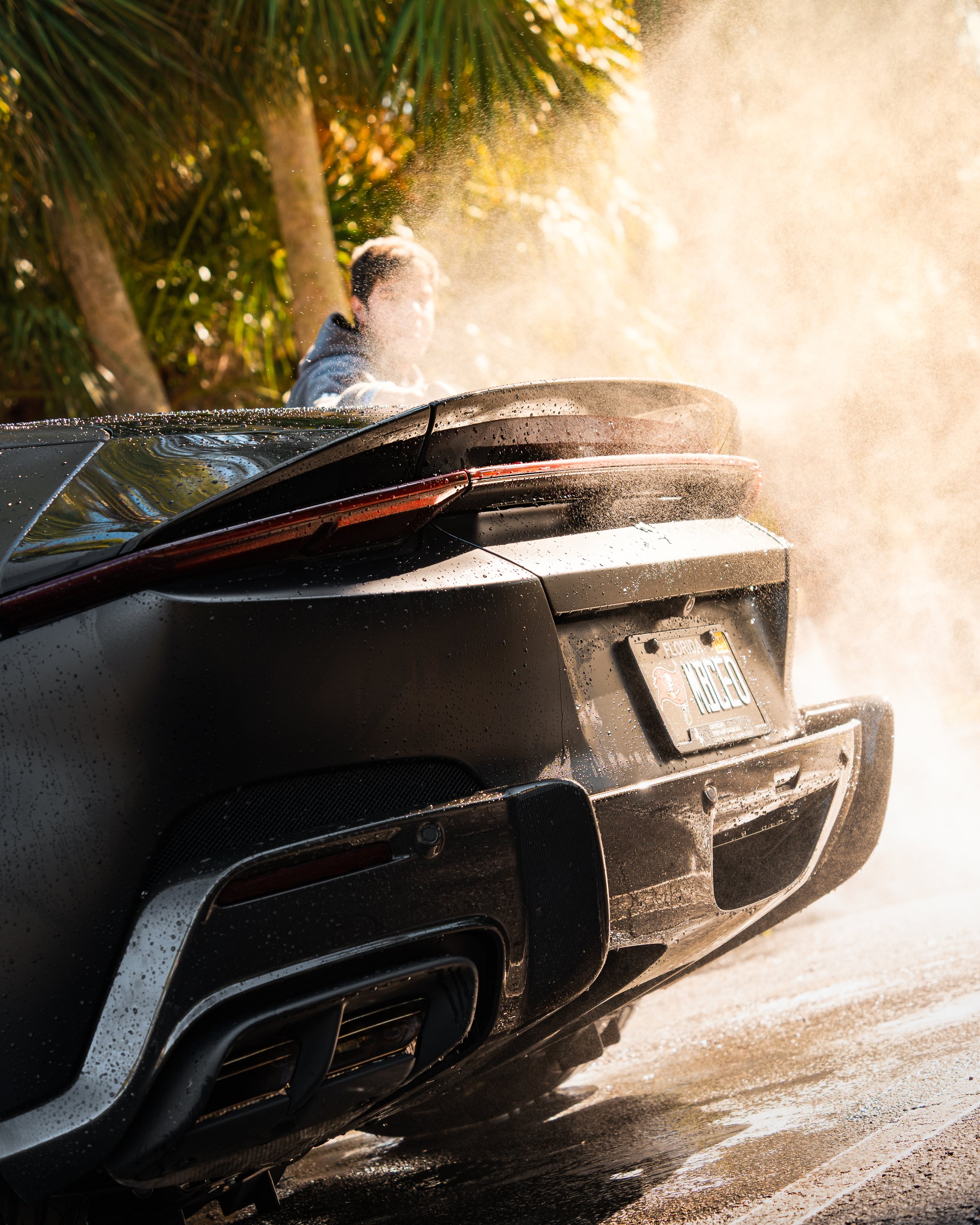 A man washing a black sports car with water and soap on a sunny day, with palm trees in the background, showing rear view of the car and the Florida license plate.