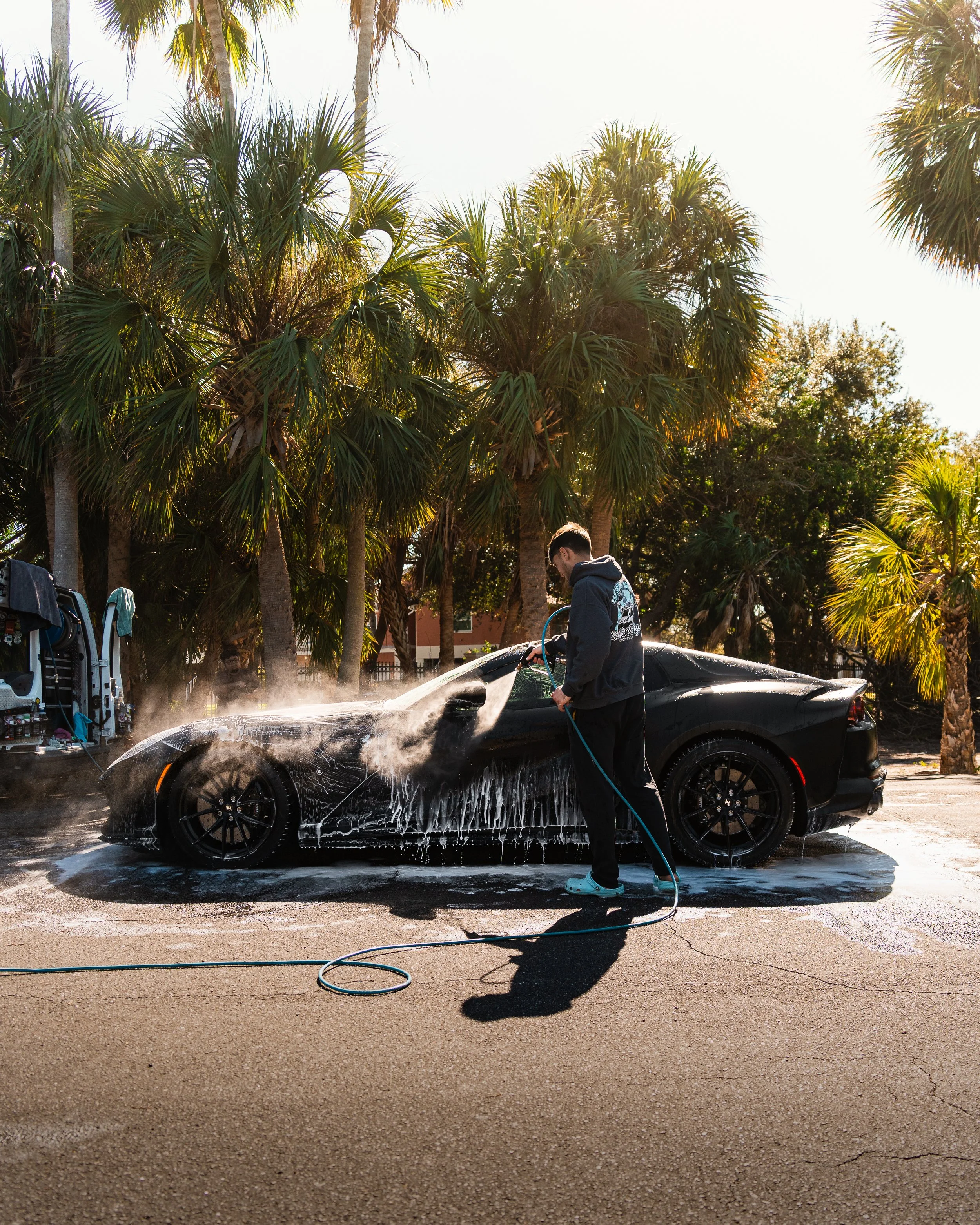 A man washing a black sports car with a hose and soap on a sunny day with palm trees in the background.