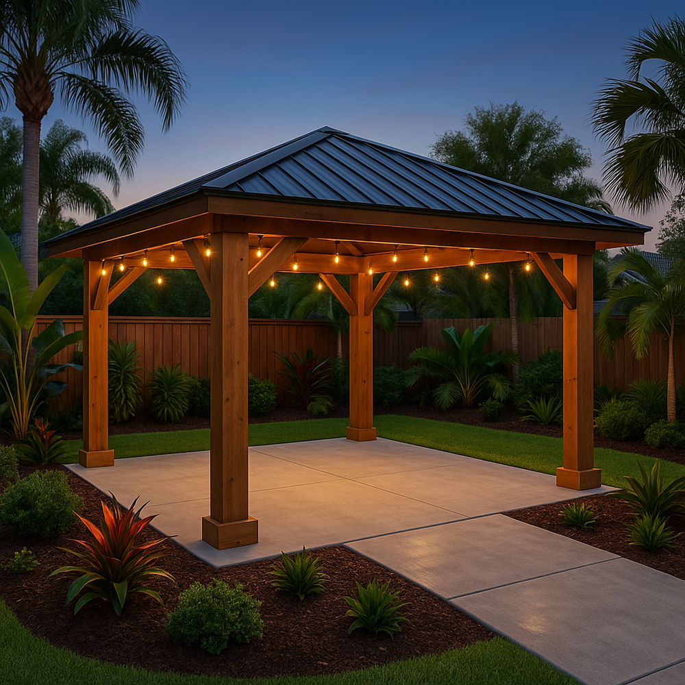 Custom wooden gazebo in a beautiful backyard