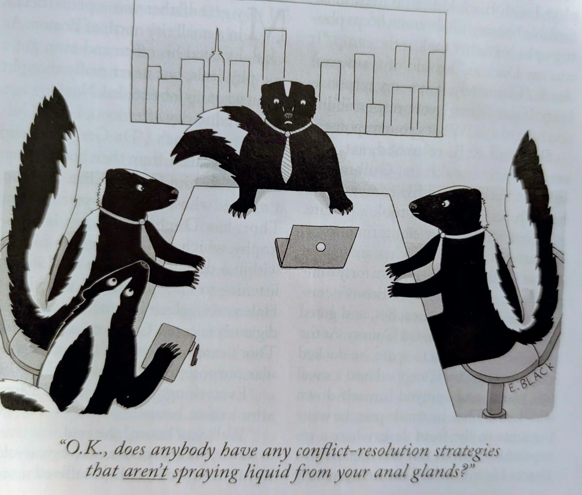 "Ok, does anybody have any conflict-resolution strategies that AREN'T spraying liquid from your anal glands?"