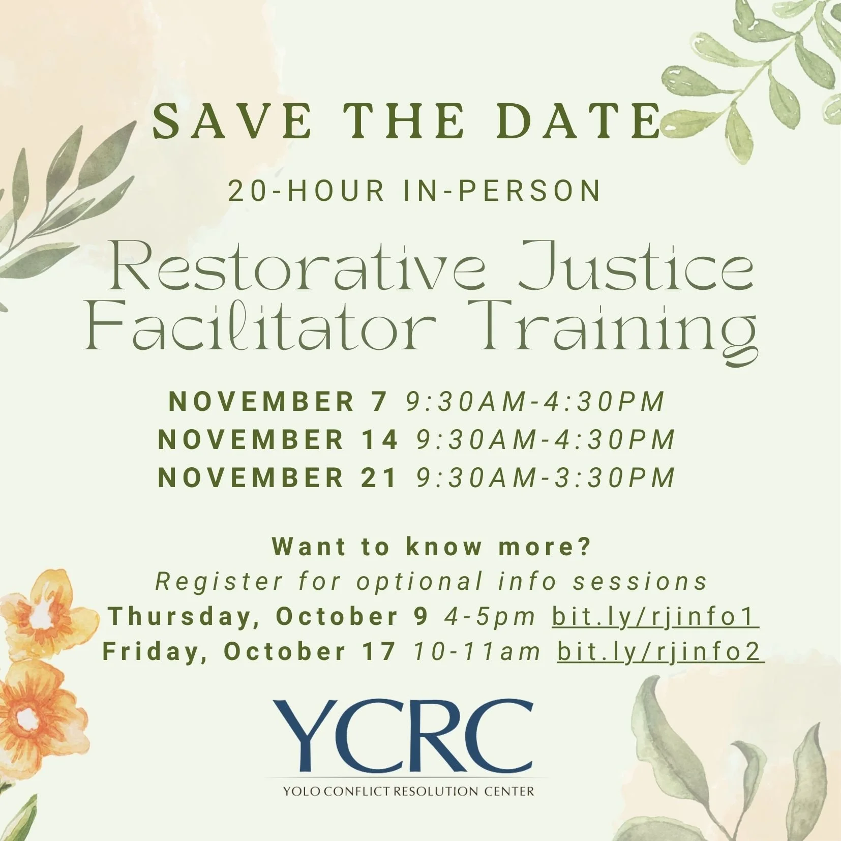 Big news, folks! We are excited to share that we have set dates for our 2025 Restorative Justice Conference Facilitator Training. 

The dates and times are as follows:
Friday, November 7 9:30am-4:30pm
Friday, November 14 9:30am-4:30pm
Friday, Novembe