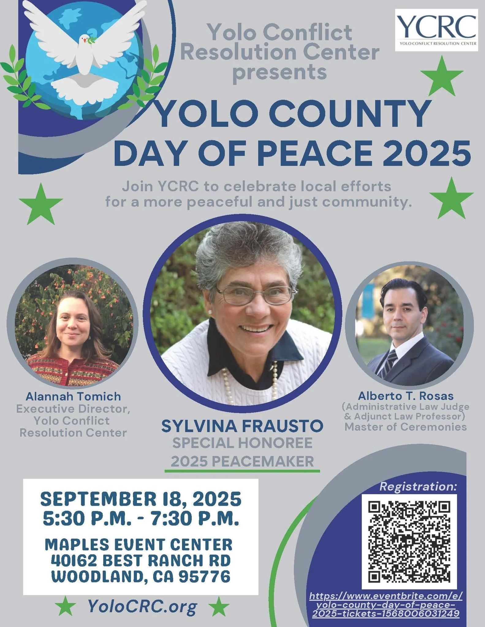 We are thrilled to invite you to a special evening to celebrate International Day of Peace and honor a local peacemaker, Silvina Frausto. 

Please join us on September 18th from 5:30-7:30pm at the Maples Event Center in Woodland. 

The event is free 