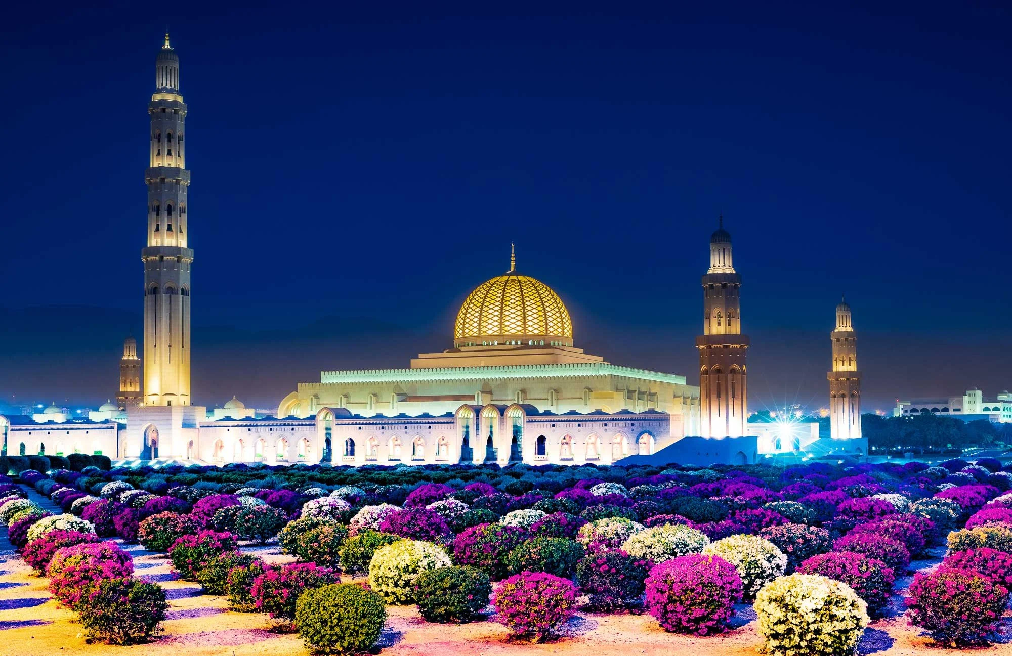 Night view of a large mosque with a golden dome and four minarets, illuminated, with colorful flowers in the foreground.