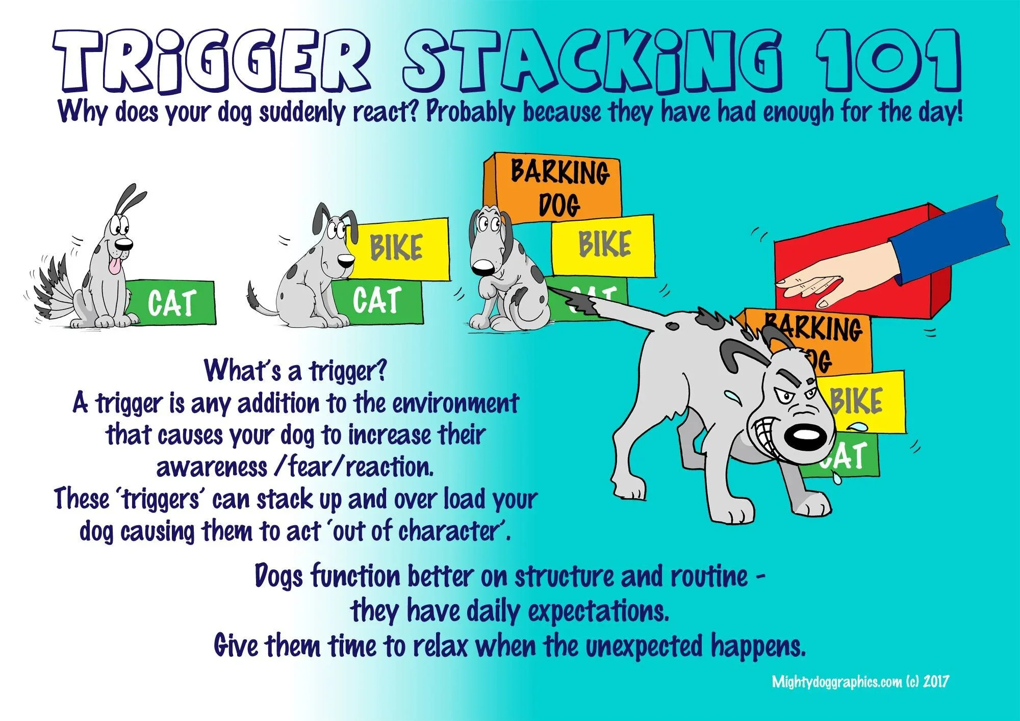 A cartoon illustration of multiple trigger stacking stages in a dog, showing a small cat, then a puppy reacting to bike and barking dog triggers, and finally an angry growling dog with a hand poised to pet it, depicting how triggers can stack and ove