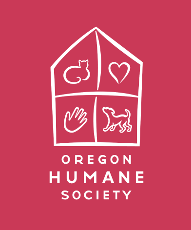 Oregon Humane Society logo with a paw print, heart, hand, and dog symbols on a pink background.