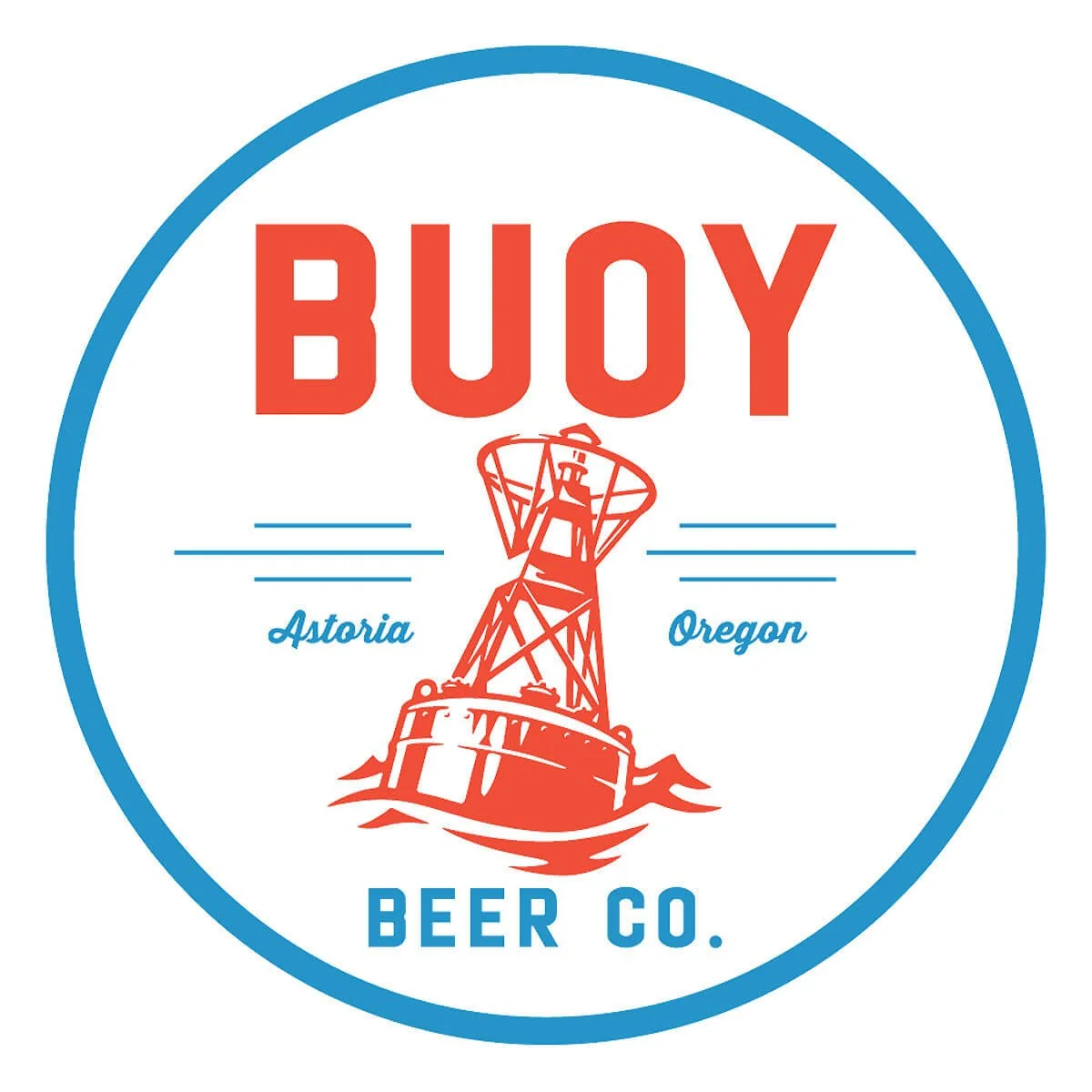 A circular logo for Buoy Beer Co. featuring a red lighthouse with blue accents, the word "BUOY" in large red letters at the top, and "BEER CO." at the bottom. The words "Astoria" and "Oregon" are in blue script on either side of the lighthouse, which is illustrated as a buoy with water around its base.