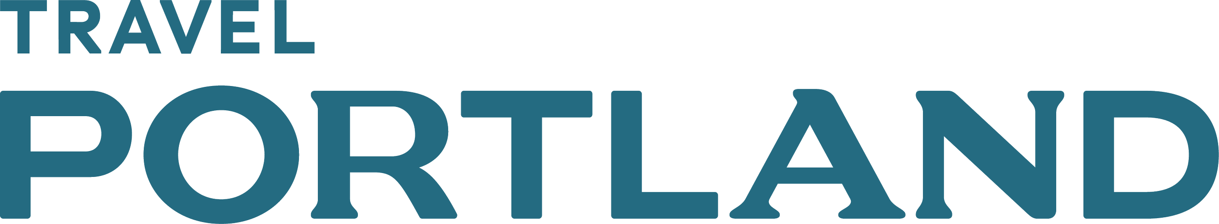 The image contains the words "TRAVEL PORTLAND" in large black and blue letters on a white background.