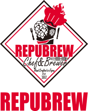 Logo for Repubrew, a craft beer company in Japan, featuring a beer mug, hops, and the text 'Chef & Brewer' and 'Hand Crafted in Japan, EST 2017'.