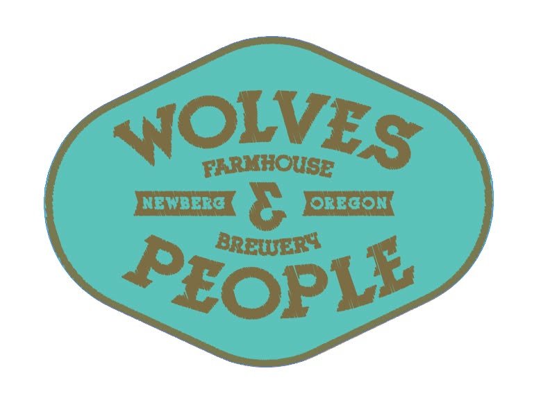 Logo of Wolves People Farmhouse & Brewery, located in Newberg, Oregon, featuring a turquoise background with brown text and border.
