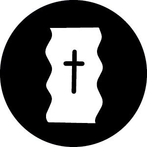 Cross inside a vertical scroll with wavy edges, set in a black circle.