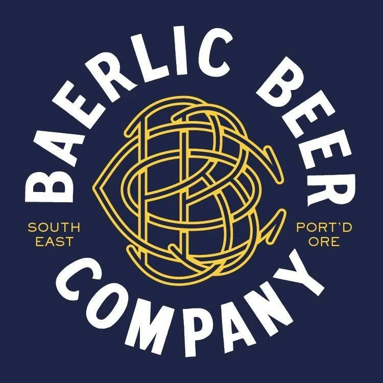 Logo of the BaeRlic Beer Company featuring a gold stylized beer globe on a dark blue background, with the company name in white circular text and location details in gold.