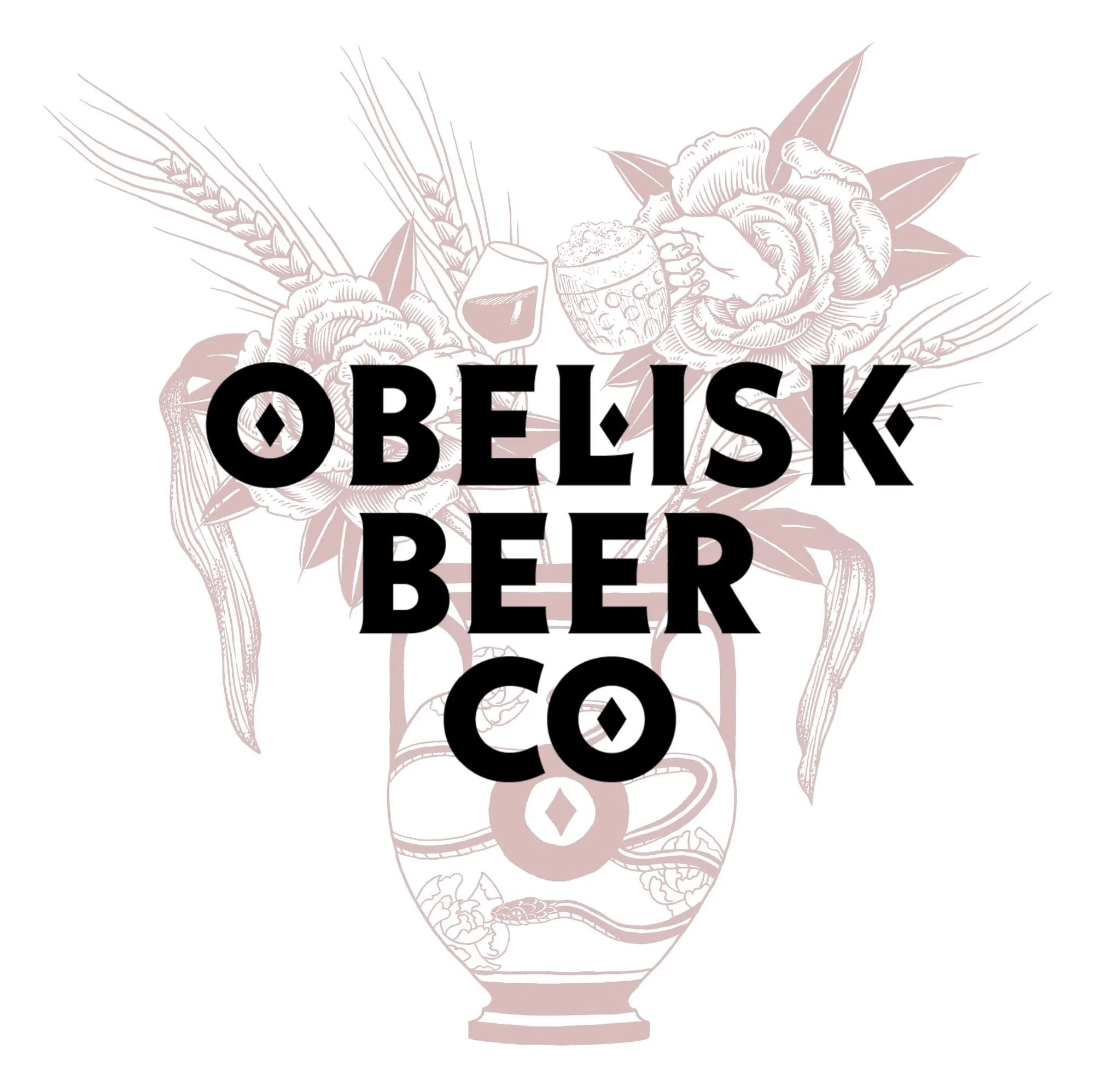 Black text reading "Obelisk Beer Co" over a light sketch of a beer logo with wheat, hops, a beer glass, and a beer mug in the background.