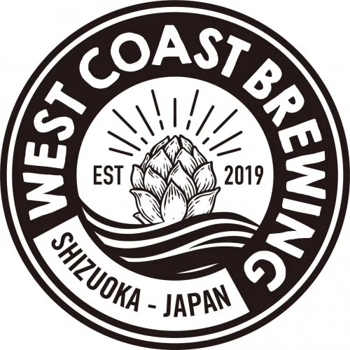 A circular logo for West Coast Brewing with mountains, a hop cone, and waves, labeled 'EST 2019, Shizuoka, Japan'.