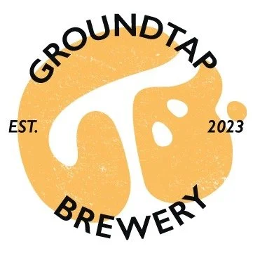 Logo of Groundtap Brewery with a stylized beer tap handle design in yellow and black text surrounding it.