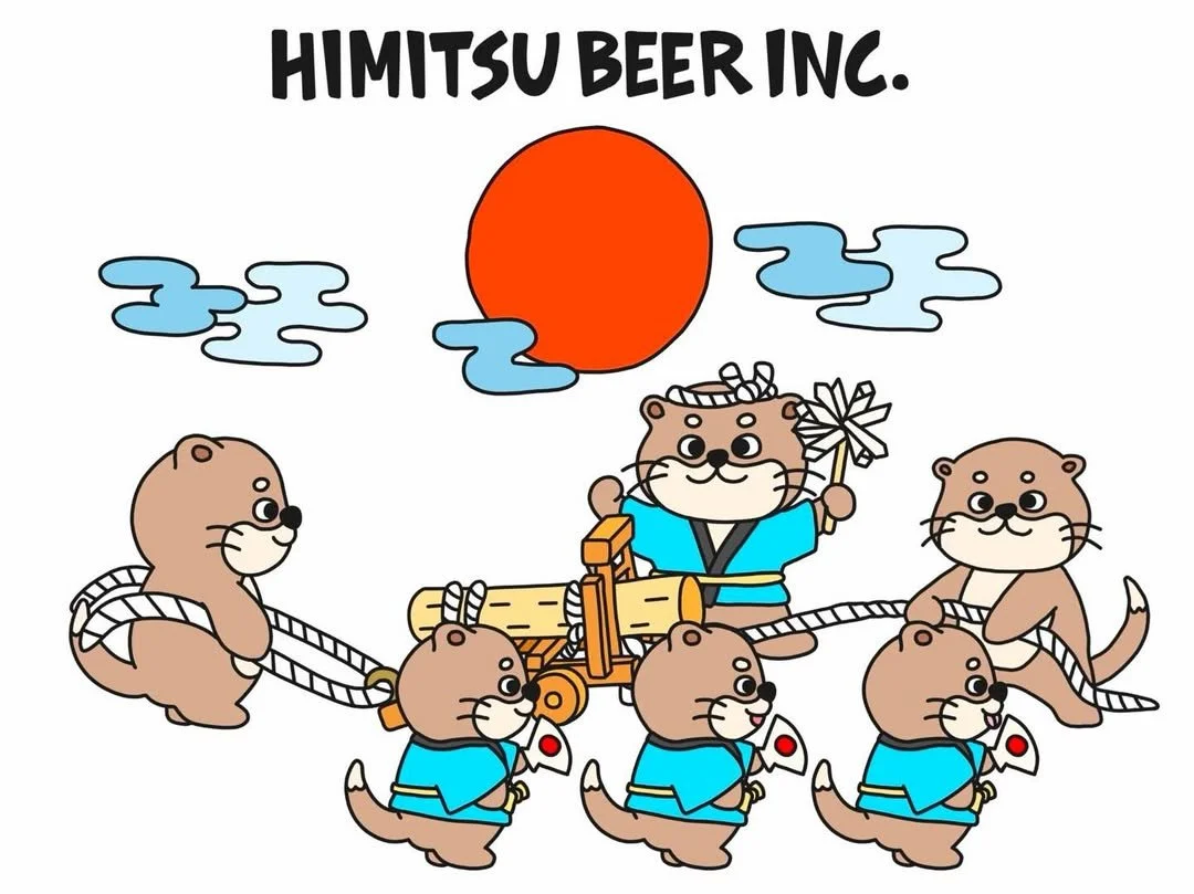 Cartoon otters dressed as ninjas, with one otter holding a sword and a fan, standing on a wooden platform, against a backdrop of a red sun and clouds, with the text 'HIMITSU BEER INC.' at the top.