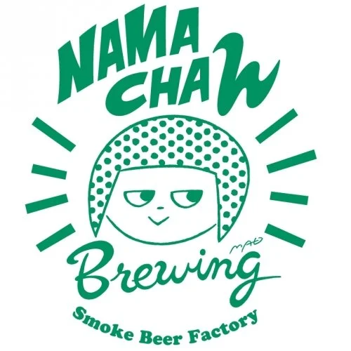 Logo for NAMA CHAW Brewing Smoke Beer Factory featuring a cartoon face with a bob haircut, surrounded by the text.