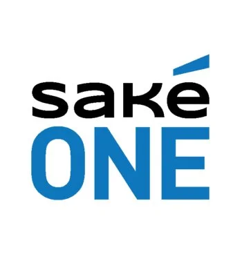 Logo with the words 'sake ONE' in black and blue text, with a small blue accent above the letter 'k'.