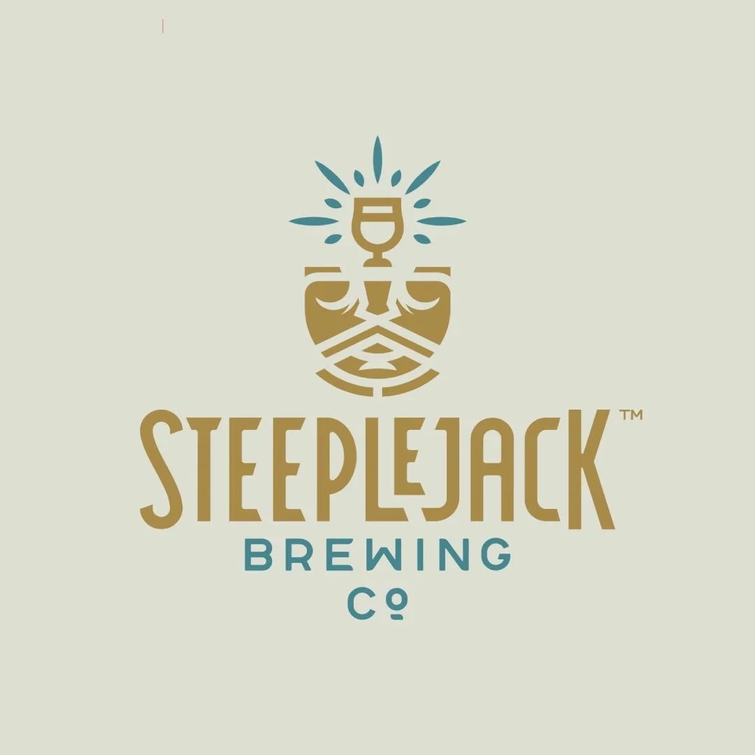 Logo for Steplejack Brewing Co featuring a stylized hand holding a chalice with rays emanating from it, along with the company name in bold letters.