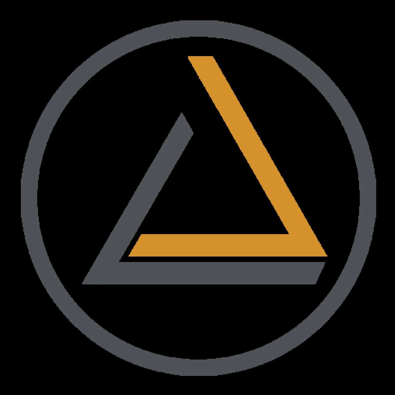 Logo for Ruse Brewing featuring an abstract triangle design in orange and gray, enclosed in a gray circle on a black background.