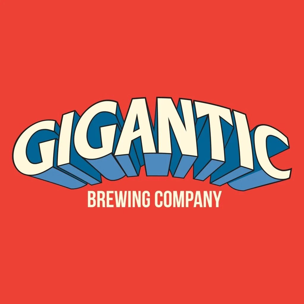 Logo of Gigantic Brewing Company with large, bold, three-dimensional text on a red background.
