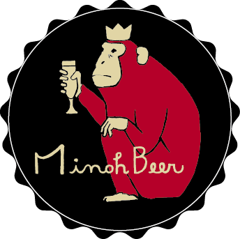A cartoon rat wearing a crown and a red cape, holding a glass of beer, with the text 'Minoh Beer' underneath