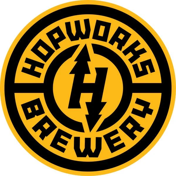 A circular logo with black and yellow colors featuring the words "HOPWOODK'S BREWERS" around the circle and lightning bolt symbols in the center.