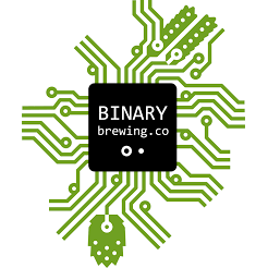 Graphic design of a robot made from green circuit lines with a black square in the center that says 'BINARY brewing.co'.