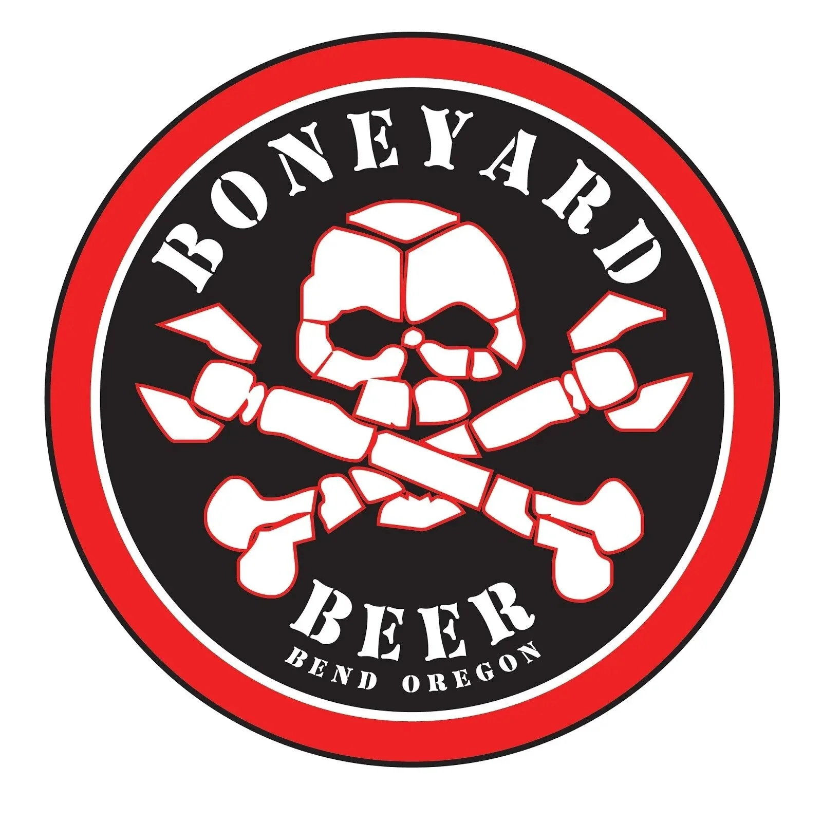 Logo for Bonneyard Beer in Bend, Oregon, featuring a skull with crossed bones on a black background, white and red design elements, and bold text.
