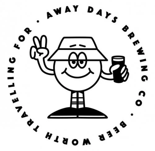 Logo featuring a smiling cartoon character wearing a straw hat, holding a drink, and making a peace sign with its hand, surrounded by the text 'BEER WORKING FOR AWAY DAYS BREWING CO.'
