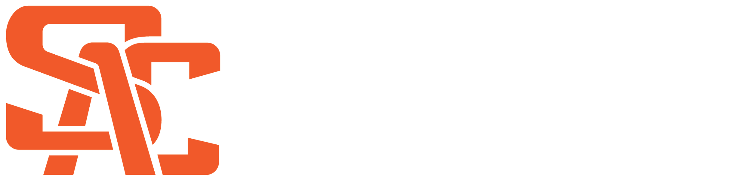 Horizontal logo for Sacramento Athletic Center, orange SAC initials with white outline next to full business name in white italic sans serif typeface