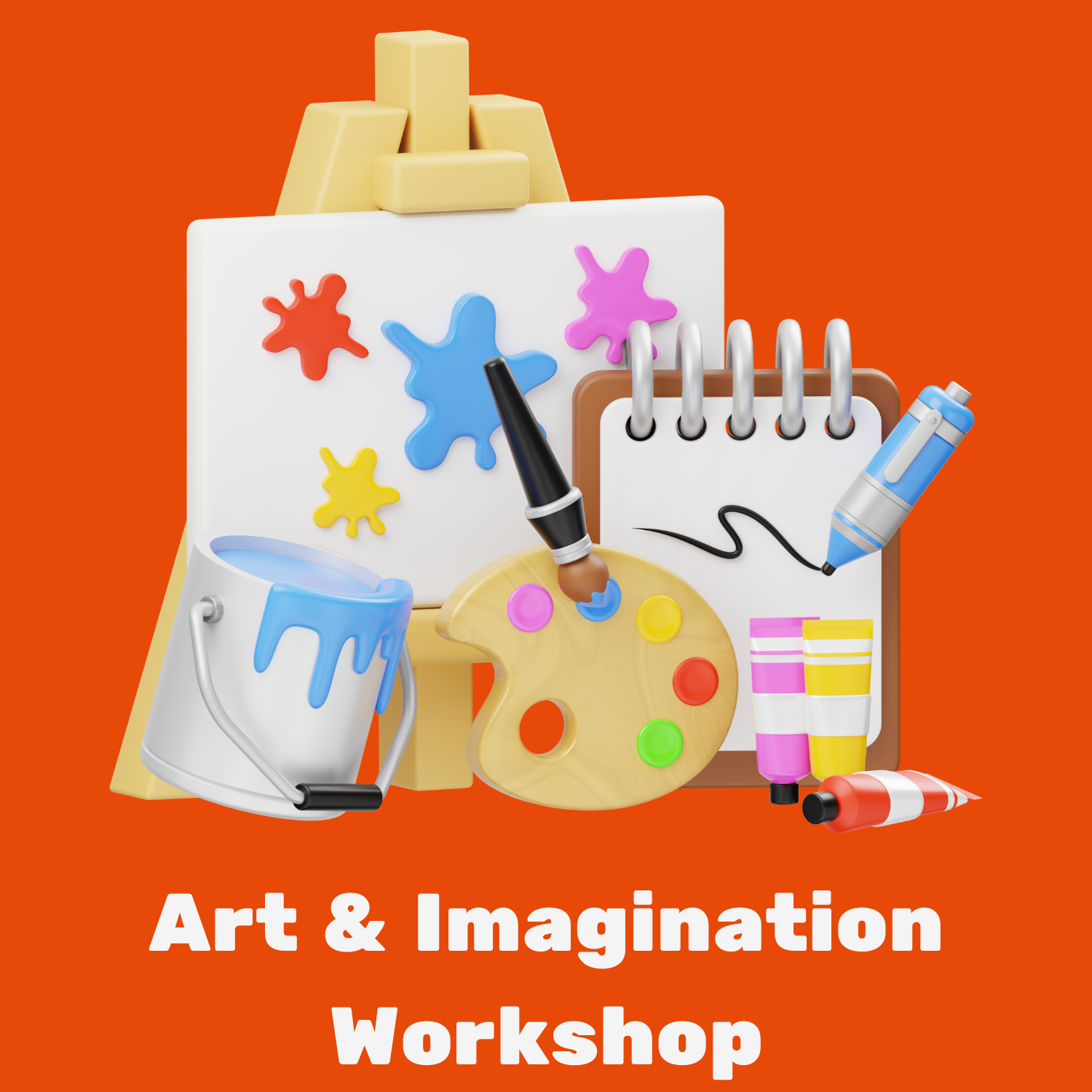 Art and imagination workshop with paint splashes, paint bucket, paint palette, marker, notebook, and tubes of paint on an orange background.