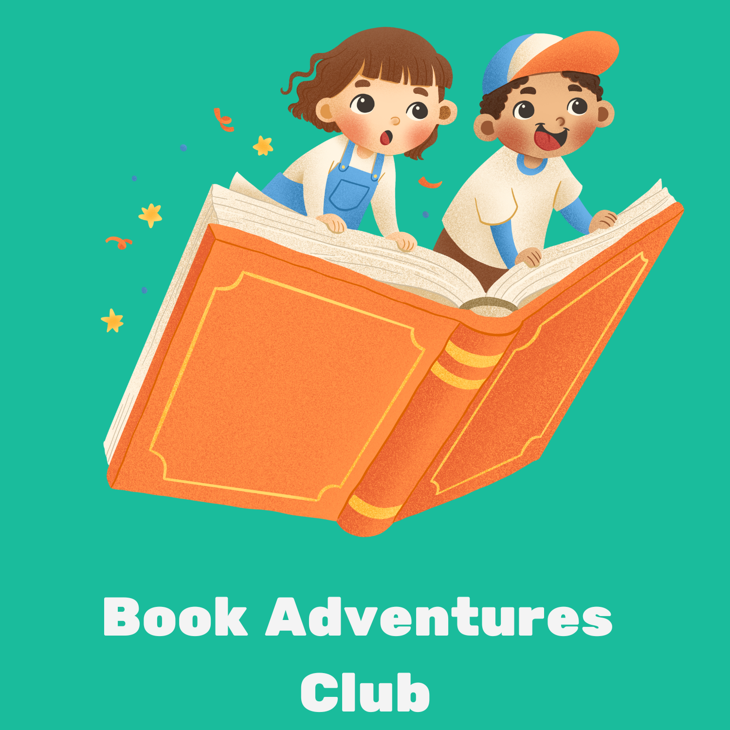 Two children, a girl and a boy, sitting on a large open book with a teal background, with the text 'Book Adventures Club' below.